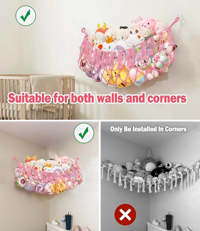 Stuffed Animal Net Hammock, Save Space Eliminate Clutter (Pink) | Premium Cotton Hand-knitted plush hammock, Boho Stuffed Animal Storage for Nursery, Bedroom Decor, playrooms