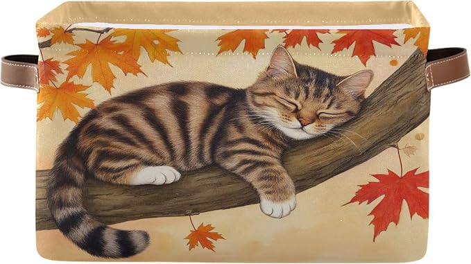 Wamika Fall Cat Kitty Storage Basket with Waterproof Liner and PU Handles Autumn Maple Leaves Storage Bins Boxes 14.2" Collapsible Decorative Organizer Baskets for Bedroom Closet Office 1 Pack
