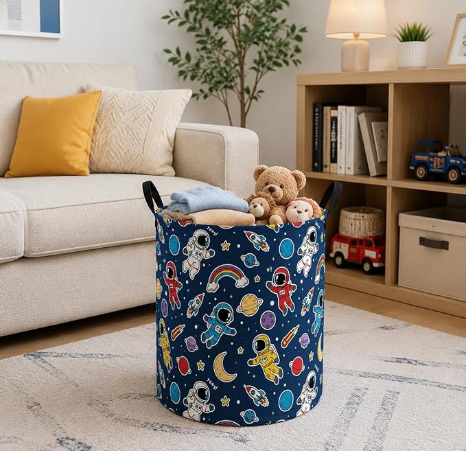 MAIZMZ Kids Storage Bin Astronaut Space Hamper,15.7" D x 19.7" H Waterproof Linen Laundry Basket with Leather Handles for Boys Room, Gifts