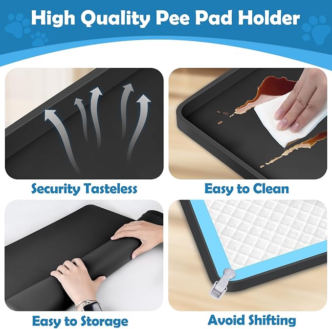 Dog Pee Pad Holder, 2 Pack Dog Potty Tray Silicone Puppy Pad Holder Tray Fits for 24" x 24" Training Pads, Puppy Potty Tray With 8 Clamps No Spill Raised Lip High Edge for Floor Protection (Black)