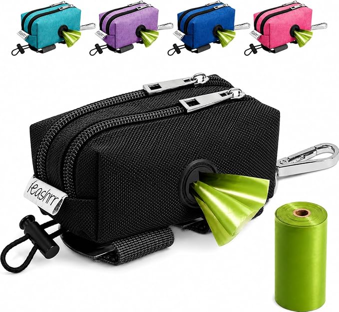 Dog Poop Bag Holder for Leashes and Treat Holder with 2 Waterproof Pouches | Poop Bag Dispenser for Pet Waste Bags and Walking Accessories + 1 Free Roll