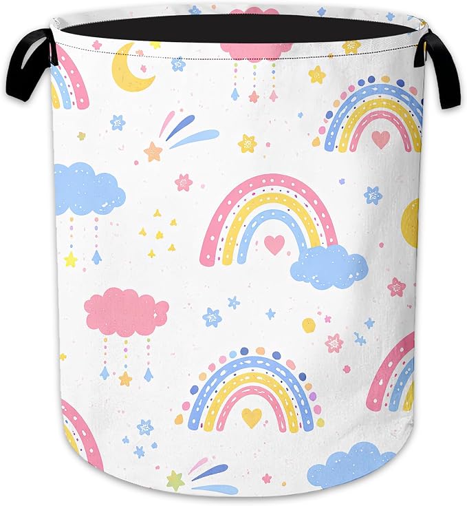 Rainbow Clouds Laundry Basket, Foldable Oxford Cloth Moon Stars Laundry Hamper with Handles, Tote Bag Clothes Storage Bucket for Laundry Room/Bathroom/Bedroom/Dormitories 20.8"x16"