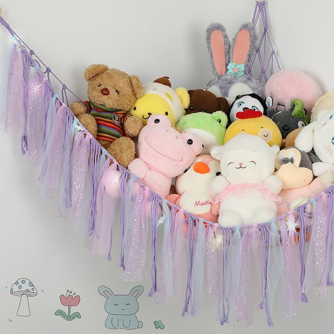 Stuffed Animal Hammock with LED Lights - 59 Inch Large Toy Storage Net for Kids Bedroom, Wall-Mounted Plush Organizer with Wooden Rings, Nursery Decor (Handwoven, Purple)
