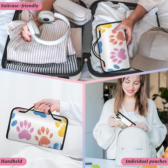 Colorful Dog Paw Makeup Bag for Women Hanging Roll-Up Travel Organizer Toiletry Kit with 4 Removable Compartments, Paw Print
