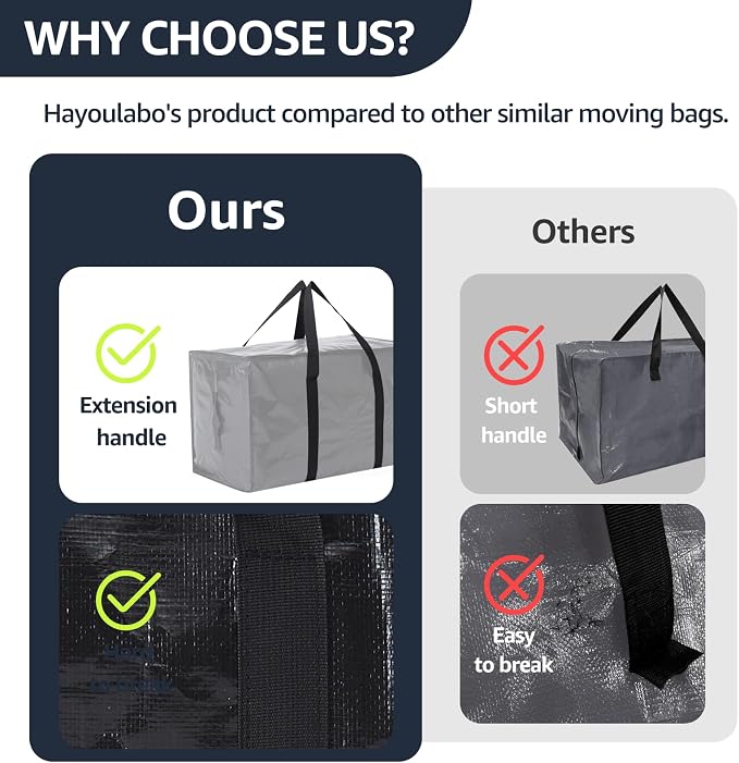 Moving Bags Heavy Duty Extra Large, Moving Boxes, Moving Supplies Essentials, Blue Storage Bins with Lids, Plastic Packing Totes, Storage Bags for Clothes with Handles & Zippers(Black, 8 Pack)