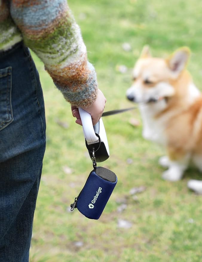 Gobeigo Dog Poop Bag Holder with Used Waste Bag Carrier(Navy Blue) | Large Opening for Easy Dispensing, Carabiner & Hook-and-Loop Strap Fits Any Leash, Includes 15 Unscented Waste Bags