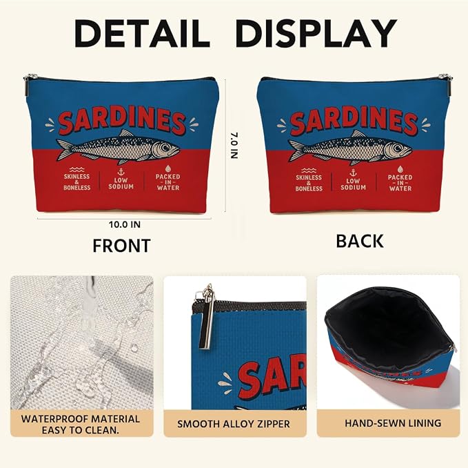 JIUWEIHU Funny Sardines Gifts Makeup Bag Vintage Sardines Cosmetic Bag | Ocean Beach Travel Toiletry Bags Fish Makeup Pouch Christmas Birthday Gifts for Women Mom Girls Sisters Friends Fish Lovers