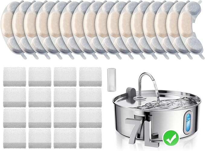 Smartoo Official 16 Packs Dog Water Filter Replacement and 16 Sponges with 1 Pump Holder for 7L/236oz/1.8Gal Stainless Steel Dog Water Fountain
