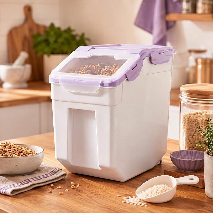 Sunnyray 4 Pcs 55 Lbs Flour Storage Container Bin,Rice Storage Containers with Wheels Seal Locking Lid, BPA Free with Measuring Cup Scoop for Rice Grain Pet Food Flour (Purple)