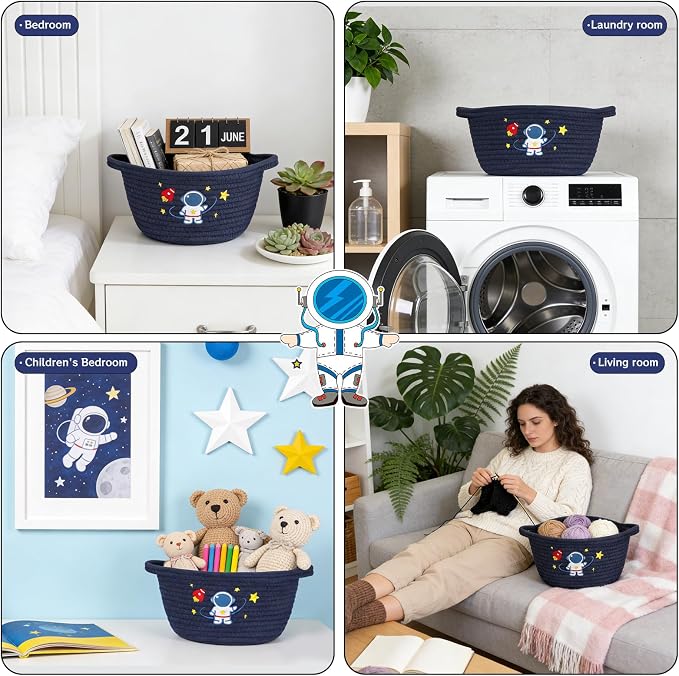 Space Storage Basket, Cotton Rope Woven Basket with Handle Small Laundry Basket Organizer for Baby Shower, Cat Dog Toy Basket, 9"x9"x5" Baskets for Organizing
