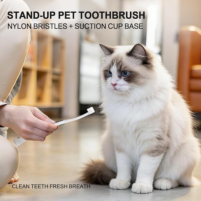 HOP Cat Toothbrush with Suction Cup Soft Nylon Bristles Micro-Head Toothbrush ABS Handle with TPR Anti-Slip Pet Dental Care Toothbrush for Small Medium Cats Dogs Kittens Puppies 6.5in/16.5cm