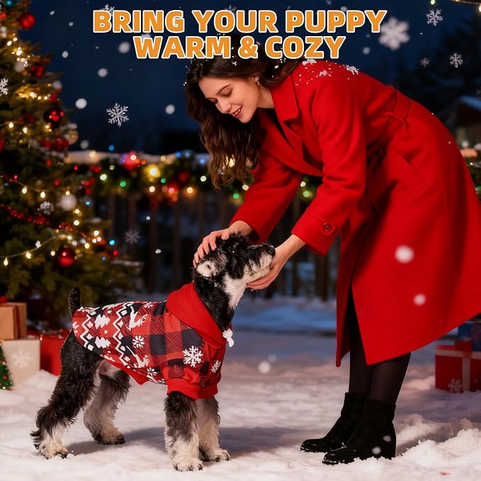 KOOLTAIL Christmas Dog Hoodie, Red Plaid Pet Sweater, Hat Hooded Sweatshirt Dog Clothes for Small Medium Large Dogs, Soft Warm Winter Cold Weather Coat with Leash Hole&Pocket, Reindeer Snowflake, XL