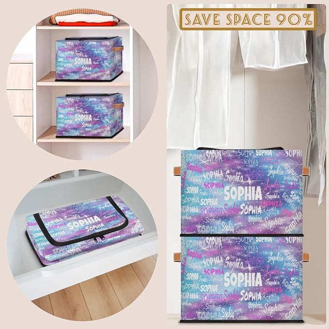 Custom Rectangle Storage Basket Zipper Lid, Personalized Name Organizer Bin for Pet/Children Toys, Books, Clothes, Perfect for Rooms/Playroom, Purple Blue Galaxy with Stars