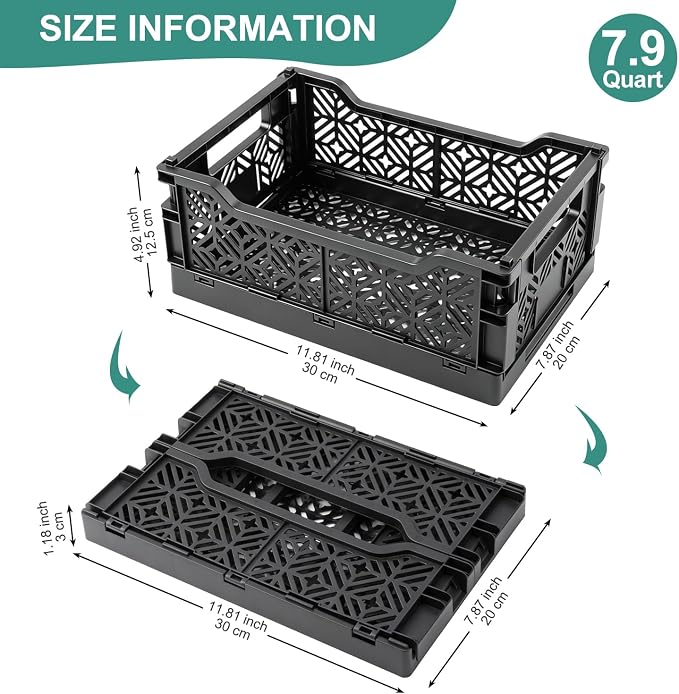 6-Pack Collapsible Plastic Storage Baskets, Stackable Bins with Label Slots | Plastic crates(12.2"x8.3"x4.7"). Fold flat to save space. Ideal for pantry, toys, office shelf organization & decluttering