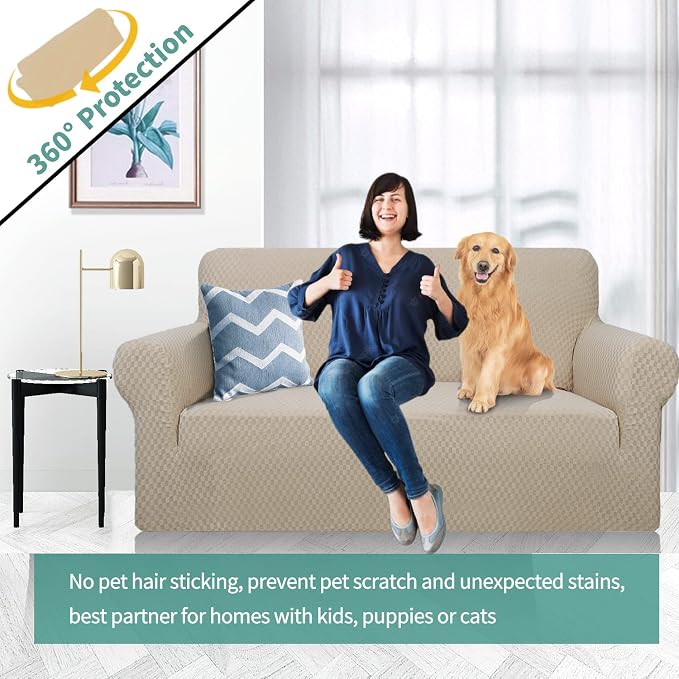 YEMYHOM Couch Cover Latest Jacquard Design High Stretch Sofa Covers for 2 Cushion Couch, Pet Dog Cat Proof Loveseat Slipcover Non Slip Magic Elastic Furniture Protector (Medium, Khaki)