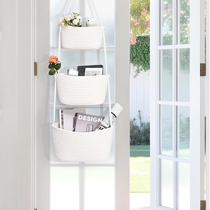 Hanging Basket, 3-Tier Woven Wall Basket with 4 Hooks, Cotton Rope Storage Baskets, Over the Door Organizer for Nursery, Bedroom, Cottage and Boho Wall Decor