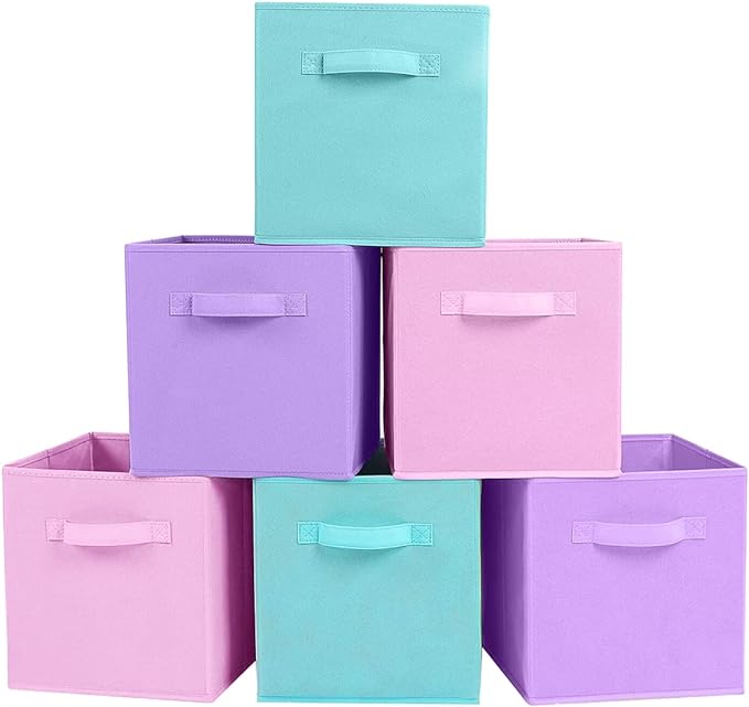 PowerKing Collapsible Storage Cubes, Farbic Storage Bins, 3 Colors, 6 Pack | Sturdy, Lightweight, Easy Pull Handle, Closet & Shelf Organizer, Clothes and Toys Storage, 10.5'' x 11'' x 10.5''