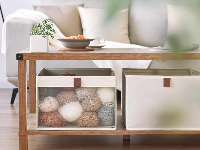 StorageWorks Closet Storage Bins, Collapsible Storage Basket, Beige, 3-Pack | Clear Window for Visibility, Soft Leather Handle, Flip to Show/Hide, Breathable Fabric, Holds Coats, Towels, Blankets, Toys