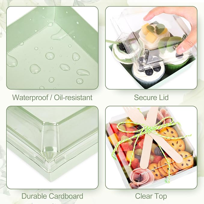 Whaline 50 Set Green Charcuterie Boxes with Clear Lids Forks Knives 4.7 x 4.3 In Clear Mini Dessert Disposable Food Containers Cake Take out Bakery Boxes for Wedding Birthday Sandwich Cookies Sushi