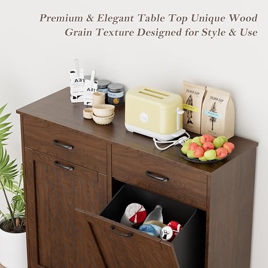 njnj 26 Gallons Double Tilt Out Trash Can Cabinet, 2x13 Gallons Hidden Kitchen Trash Cabinet with Storage Drawers, Pet Proof Hidden Garbage Can for Kitchen, Laundry Room, Bathroom Wood Brown