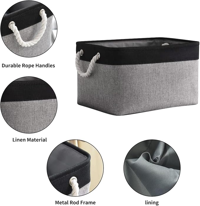 Collapsible Storage Bin for Shelves - 16x12x8 inch Large 3 Pack Storage Basket for Organizing with Rope, Fabric Storage Cubes for Organizer Toy Cloth Gift Closet (Black & Grey)