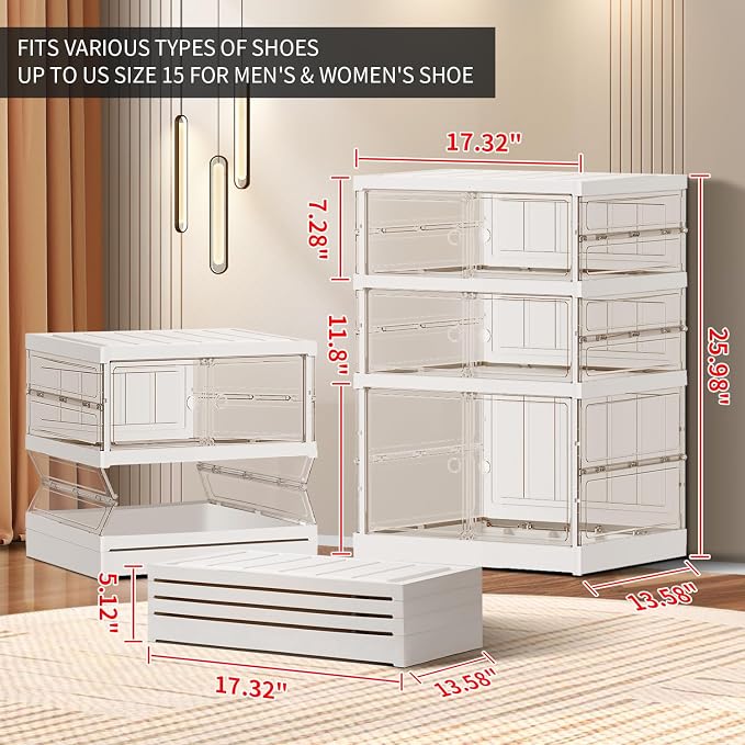 CIMLORD 3-Tier Foldable Shoe Rack, Magnetic Clear Doors, 6 Pairs, White | Collapsible Narrow Plastic Shoe Cabinet, Stackable, Lidded, Tool-Free Assembly, Fits Boots & Sneakers, Closet & Entryway