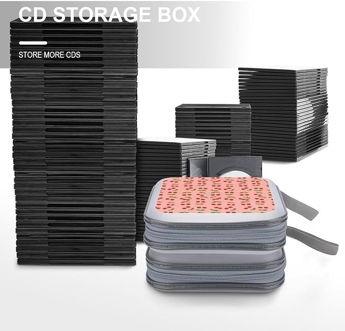 Hard Shell DVD CD Organizer Pink Cherry Fruit Theme Cherries, 40-Disc Storage Binder with Zipper Closure, Portable Protective Case for Travel Home