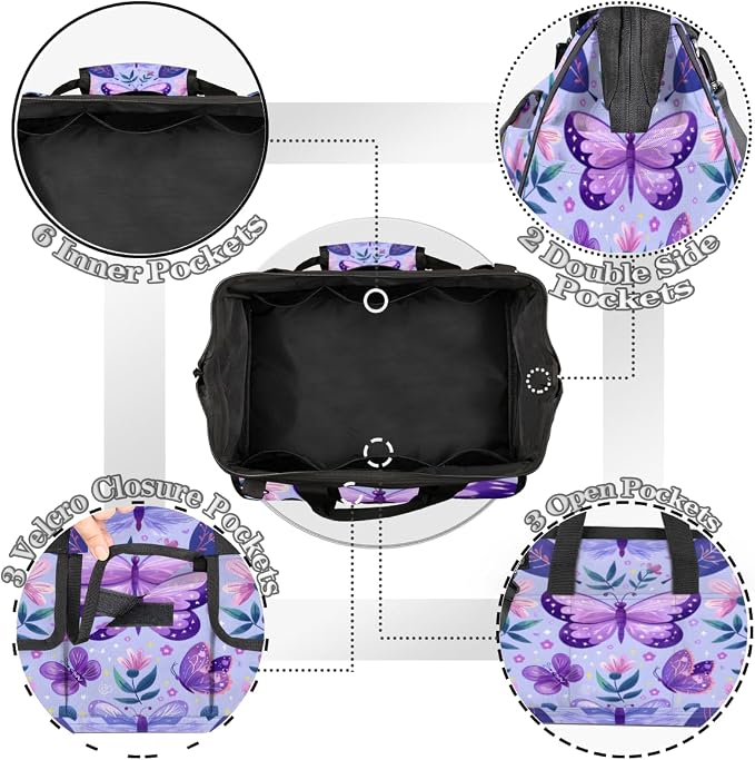 Purple Butterfly Heavy Duty Tool Bag 14.8 Inch Butterflies Rustic Floral Portable Soft Tool Box Organizer Storage with Adjustable Shoulder Strap