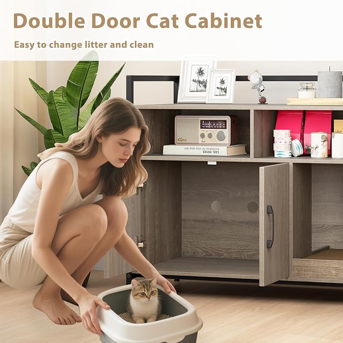 Giantex Cat Litter Box Enclosure - Cat Washroom Hidden Furniture with Front Entry, Scratcher, 2-Door Storage Cabinet, 2 Compartments, Air Vents, Metal Frame, Wooden Pet Crate House (Oak Gray)