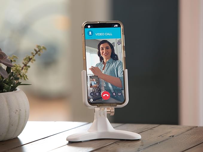 WeatherTech DeskFone Two View in White - Adjustable, Universal Cell Phone Holder Mount Stand for Desk, Counter, Table - Tripod Design for iPhone & Smartphone Charging - Orange Metal Knobs