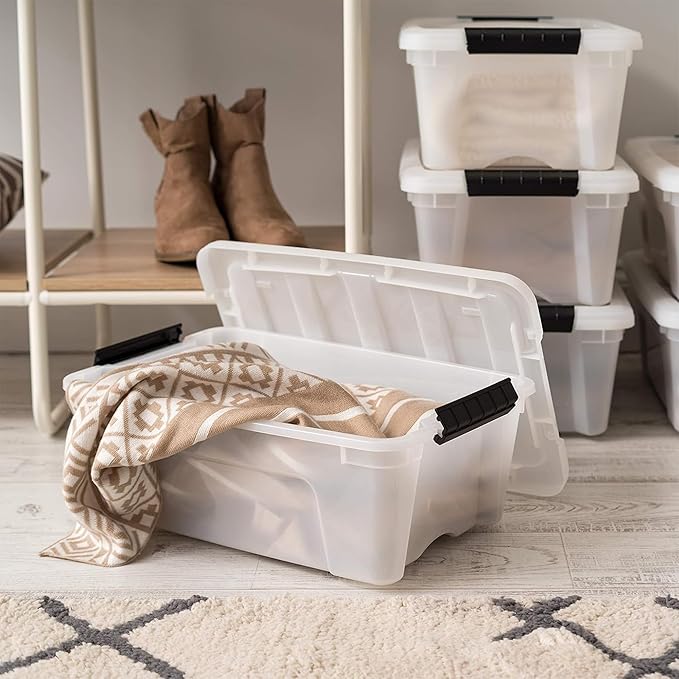 IRIS USA 6-Pack 13 Quart Storage Bins with Lids, Pearl | Conceals contents for a clean look. Ideal for shoes, photos, documents, and small essentials. Nestable design saves space
