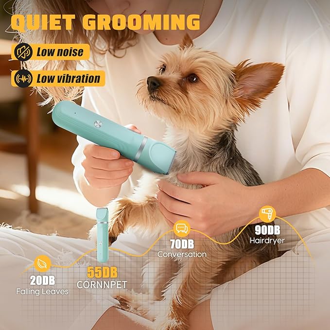 Dog Hair Clippers Grooming Kit and Paw Trimmer Nail Grinder Quiet,Dog Trimmer for Grooming,4-in-1 Rechargeable Cordless Low Noise Dog Shaver Grooming for Dogs Pets Cats(Green)