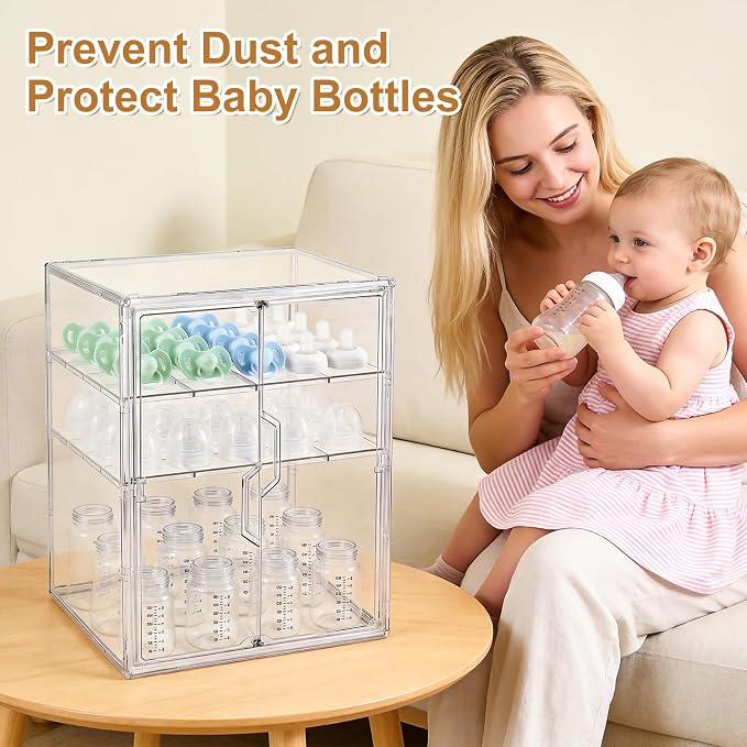 ERTIUANIO Baby Bottle Organizer for Countertop Cabinet Storage | 3 Tier Adjustable Clear Acrylic Station Container with 2 Removable Dividers for Vanity, Bathroom, Nursery, Gifts for New Mom