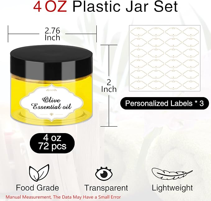 PeacePeo Plastic Jars with Lids 4 OZ, 72 Pack Clear Slime Containers | Empty Refillable, Black Screw on Lids, Organize Small Items, Samples, Lotions & Beauty Products, Keep Home Kitchen Neat