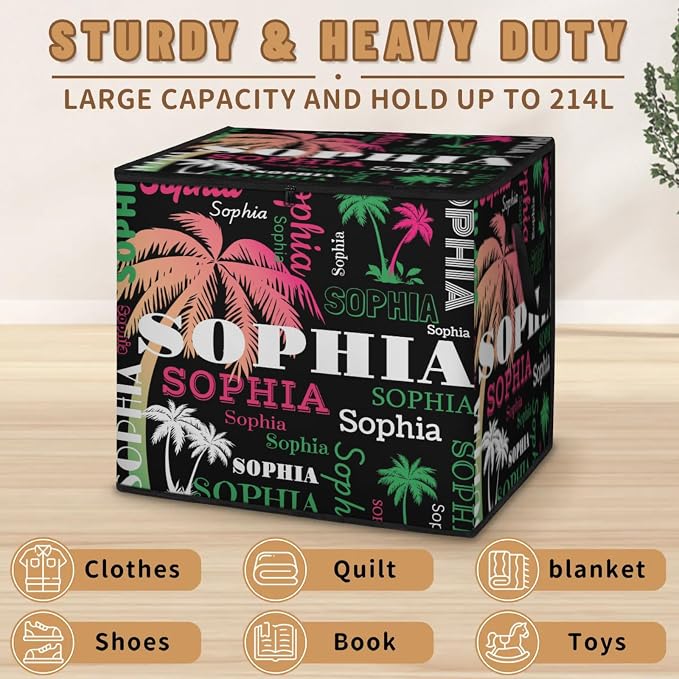 Custom Name Storage Bin with Lid, Personalized Extra Large Pink Green Tropical Palm Tree Black Storage Basket with Handles Zippers for Organizing Comforters, Blankets, Bedding Closet Shelf Baskets