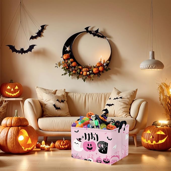 Halloween Basket Gift Cute Pumpkin Ghost Parties Decor Kid Trick or Treat Basket for Boys and Girls Rectangular Storage Bin Box (Pink)