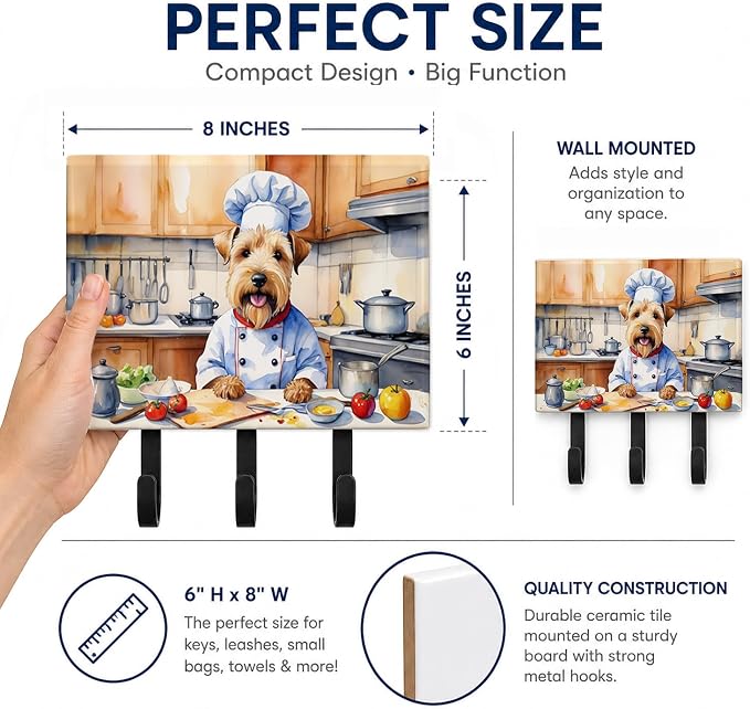 Caroline's Treasures Wheaten Terrier The Chef Leash or Key Holder Wall Hooks, Key Hooks Holder, Coat Rack Wall Mount, Coat Hooks, Hooks for Hanging Keys, Towels, Aprons, Leashes | Wheaten Terrier The Chef artwork on ceramic tile with three steel hooks ...