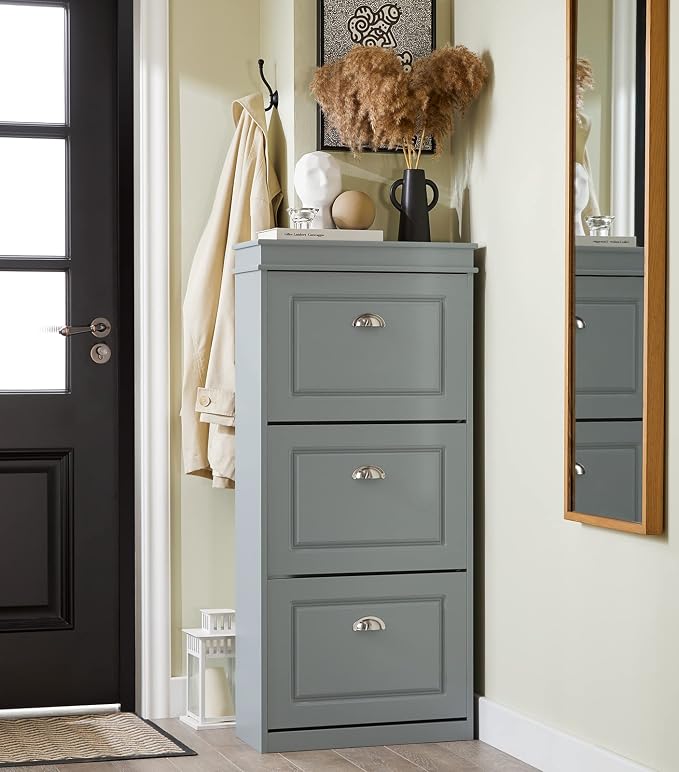Haotian FSR94-HG, Grey Shoe Storage Cabinet with 3 Flip Drawers, Freestanding Shoe Rack, Shoe Storage Cupboard Organizer(9.4" D x 20.9" W x 46.1" H) | Freestanding Shoe Rack for Entryway, Shoe Organizer with Hidden Drawer, Grey, FSR94-HG