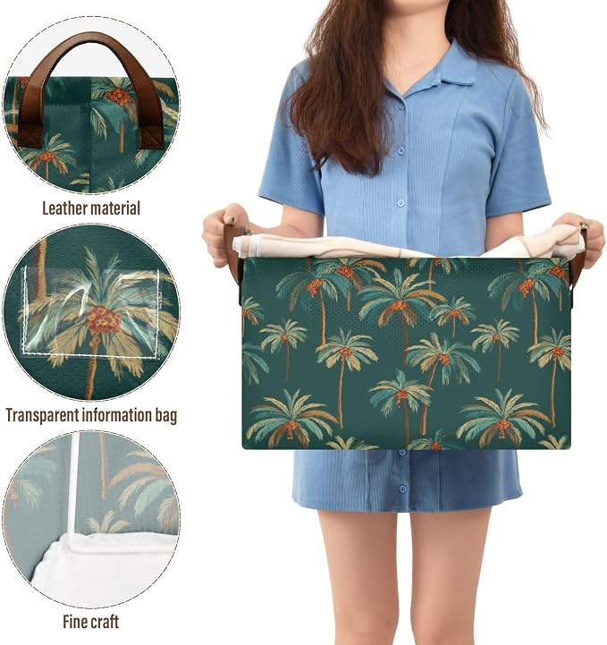 Teal Green Bg Vintage Palm Tree Storage Basket Foldable Cube Storage Bins with Handles&Label Waterproof Organizer Box Bin Large Rectangle Decorative Baskets for Shelves Home Room Laundry-2 Pack