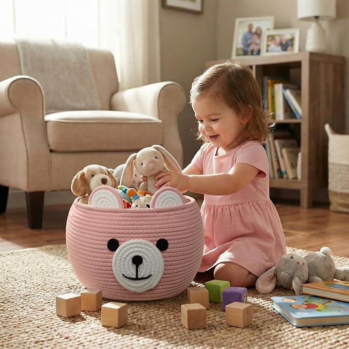 CherryNow Baby Basket for Gifts Empty, Cute Bear Design, Pink | 10.5" x 8.5" Baby Shower Basket for Kids Girls Newborn Storage, Toy Basket for Living Room Nursery Décor, Soft Cotton Rope