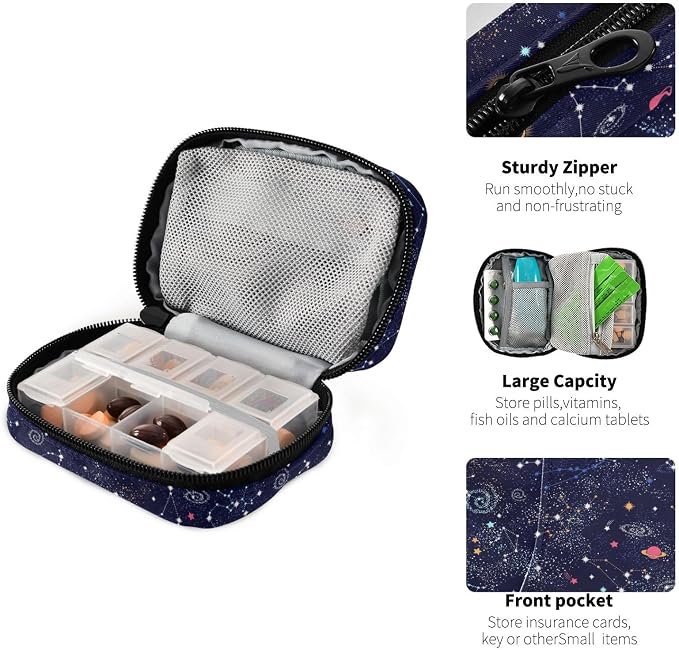 Ollabaky Galaxy Pill Case Butterfly 7 Day Pill Organizer Galaxy Travel Pill Case Portable Weekly Pill Box Bag Container Vitamin Supplement Holder with Zipper for Family Business