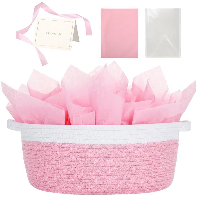woric Baby Gifts Basket 12 x 8 x 5 in Small Woven Basket Rope Baskets | Soft Cotton for Wedding Gifts Empty Baby Shower Toy Storage Girls Birthday (Pink with Gift Bag Card Ribbon Tissue Paper)