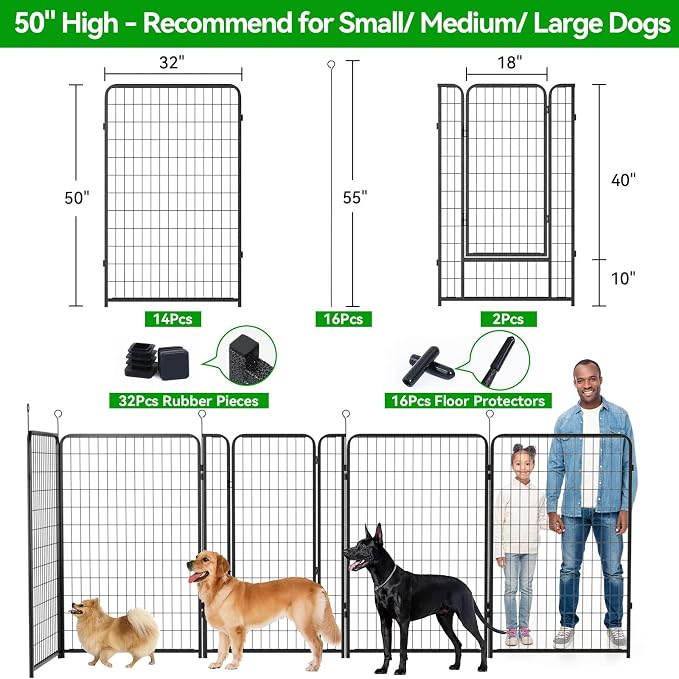Kfvigoho Dog Playpen Outdoor Extra Wide 16 Panels Heavy Duty Dog Fence 50" | Anti-Rust Coating-Strengthened Dog Fence with Doors Portable for RV Camping Yard, Total 42FT, 140 Sq.ft, Snowy Black