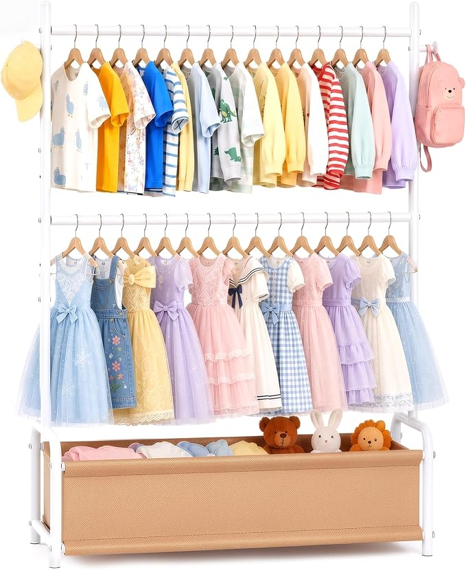 Kids Clothes Rack with Double Rod Height Adjustable Clothing Rack White | Storage Basket & Hooks, Height Adjustable Kids Clothes Rack, Portable Baby Dress Up Garment Rack for Princess Dresses