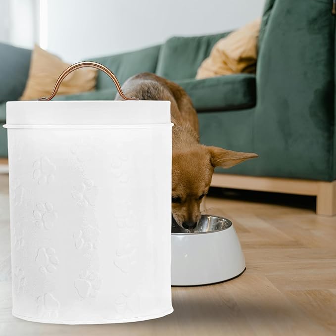 Amici Pet Puppy Paws White Metal Food Canister, Small, 64oz | Small Airtight Pet Food Storage Container with Silicone Gasket Lid, Embossed Paw Print for Dog & Cat Food, Treats & Kibbles