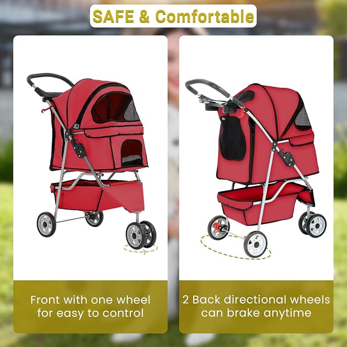 Stroller for Pet Stroller Dog Cat Jogger Stroller for Medium Small Dogs Cats Folding Lightweight Travel Stroller with Cup Holder，Red