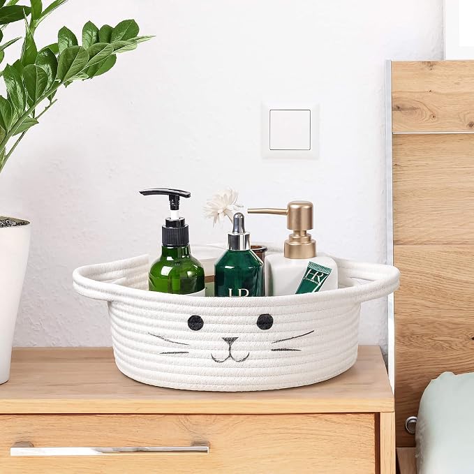 Small Woven Rope Cat Toy Basket with Cat Face Design, White | 9.8" x 4" Cute Toy Storage Bin for Living Room & Nursery, Pet Gift Basket Empty with Sturdy Handles