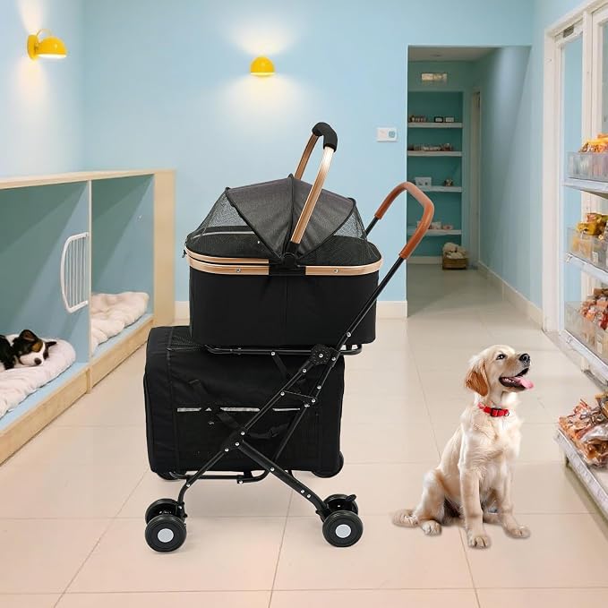 Double Dog Stroller for 2 Small & Medium Pets, Double Pet Stroller with Detachable Carriers, Foldable Dog Stroller for 2 Dogs, Two-Seater Carrier Dog Walk Jogger Travel Pet Carriage Cart (Black)