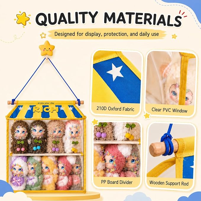 Dustproof Hangingcute Doll Storage Display Organizer with Clear PVC Cover | Cute Doll Storage Bag,High-Contrast Fabric Plush Figure Wall Holder for Labubu Molly Dimoo,Gift for Doll Collectors