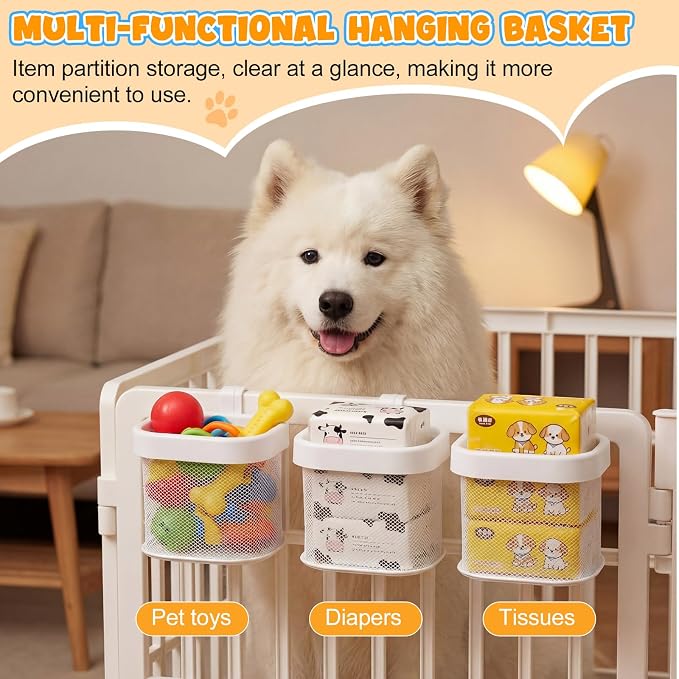 Sliner 4 Pack Dog Crate Hanging Storage Baskets Pet Fence Organizer for Toys Treats Leashes, Hook-On Mesh Basket for Indoor Outdoor Space Saving